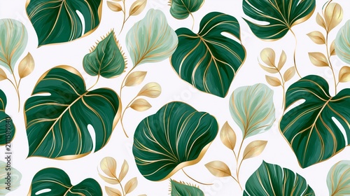 Luxury Seamless Tropical Pattern Featuring Emerald Green and Gold Monstera Leaves on a White Background