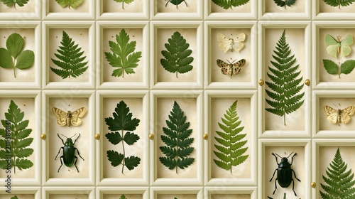 Collection of botanical leaf specimens and insect taxidermy in vintage display frames