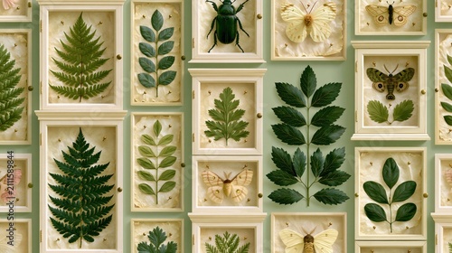 Collection of framed botanical leaves and insect specimens including butterflies and beetles in a vintage scientific display on a green background