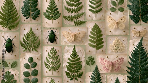 Vintage Naturalist Collection of Pinned Ferns, Butterflies, and Beetles on Aged Paper
