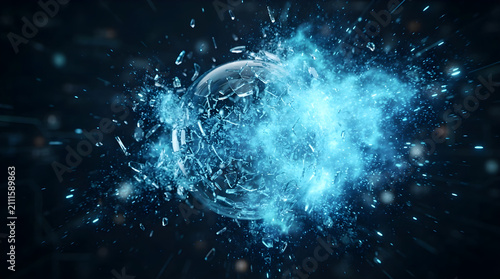 Glass marble shatters into mist isolated on clean surface for modern commercial business asset