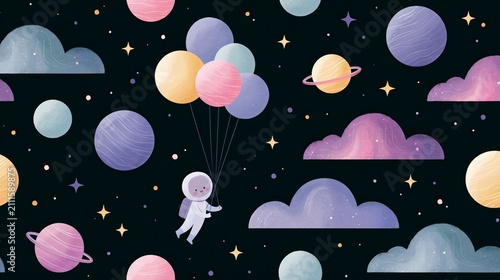 Cute Cartoon Astronaut Floating in Outer Space with Planet Balloons, Whimsical Seamless Pattern for Kids