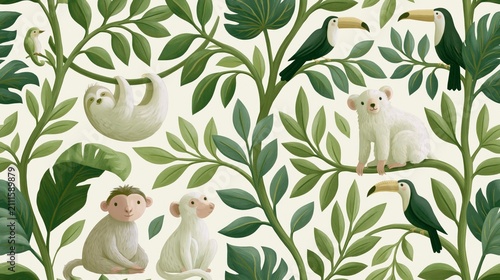 Seamless Pattern with Cute Jungle Animals and Tropical Leaves. Hand-painted Illustration with Sloth, Monkey, Toucan, and Koala in Rainforest Foliage.