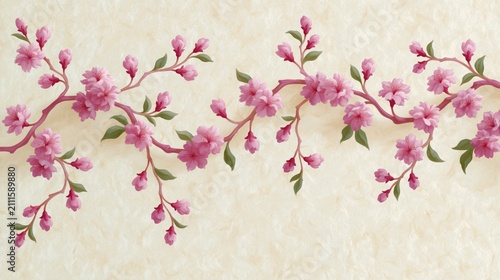 Artistic Illustration of Pink Cherry Blossom Branches on Cream Textured Background