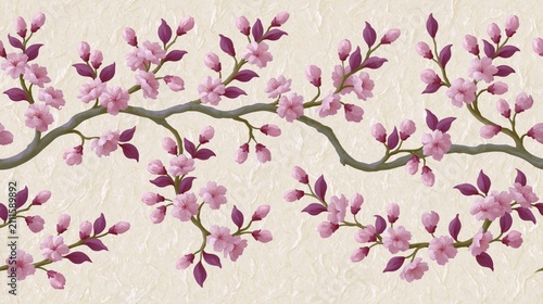 Horizontal seamless border with blooming cherry blossom branches on a light cream textured background