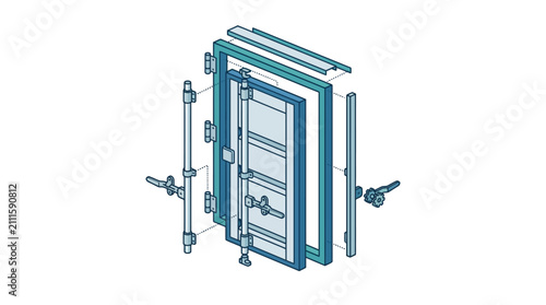 Exploded view of shipping container door and locking hardware.
