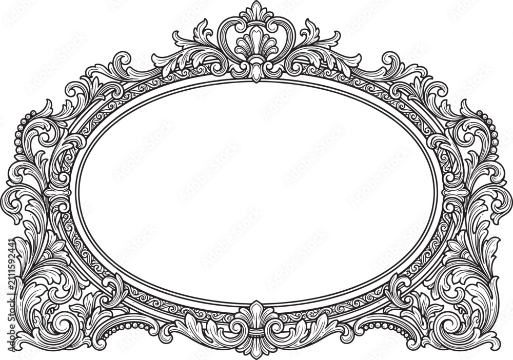 Obraz premium Ornate oval frame with intricate baroque floral carvings and decorative scrollwork, isolated on a white background