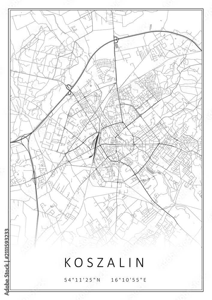 Fototapeta premium Czarno-biała mapa Koszalin, plakat, tapeta, Polska