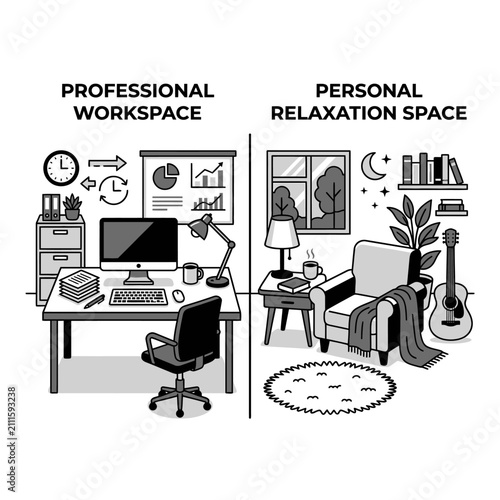 Foto Professional workspace and personal relaxation space are contrasted in a side-by-side illustration showing the distinction between corporate duties and home leisure