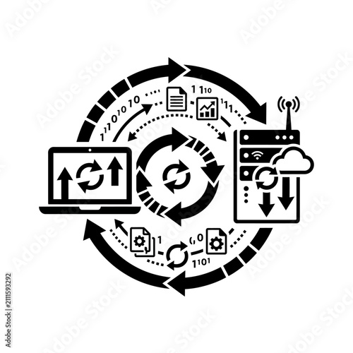 Bild auf Leinwand Data synchronization process circulates information between a laptop and a server within a digital environment