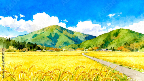Obraz na płótnie 実りの秋を迎えた田園風景と山並みの水彩画イラスト