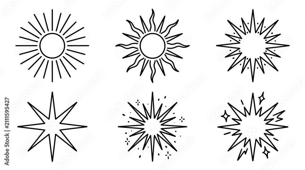 Obraz premium A collection of black and white line art icons depicting various sun and starburst shapes, suitable for graphic design elements.