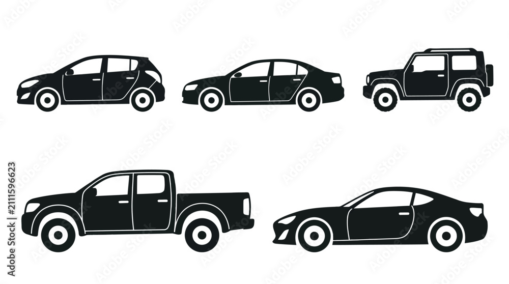 Fototapeta premium Collection of diverse black car silhouettes on a white background, showcasing different vehicle types.