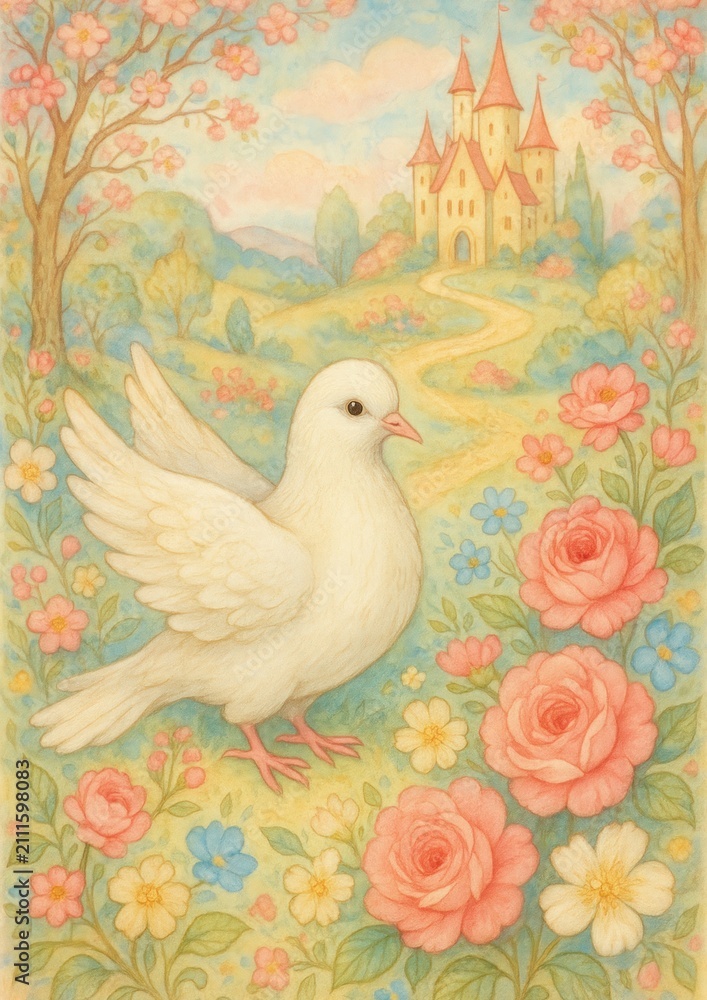 Fototapeta premium Whimsical dove castle flowers