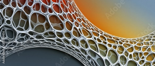 AI-generated closeup image of some organic web-like texture, in gray, green and orange