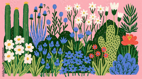 modern painted flower garden with colorful blooming botanical landscape