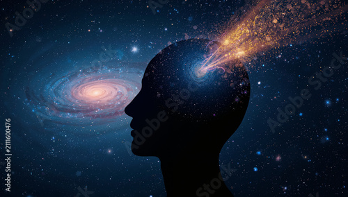 Plakat 瞑想する人物の頭上から宇宙の銀河と星空が広がるマインドフルネスイラスト