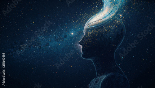 Plakat 瞑想する人物の頭上から宇宙の銀河と星空が広がるマインドフルネスイラスト