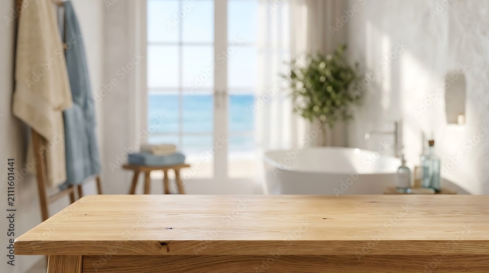 Fototapeta premium Empty wooden table top for product display in luxury bathroom interior with a scenic sea view window background setup.