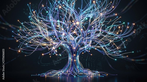 Futuristic digital tree conceptual illustration showing glowing blue and white fiber optic lines representing a neural network and data connectivity