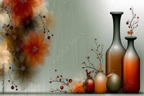 AI-generated minimalist still life illustration of a collection of vases with a few stems of flowers, in orange, blue, cream and red