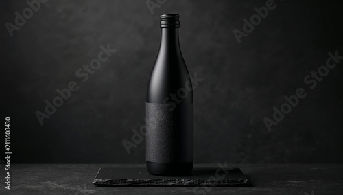 ダークグレーの落ち着いた和の空間に佇むマットブラックの高級日本酒瓶