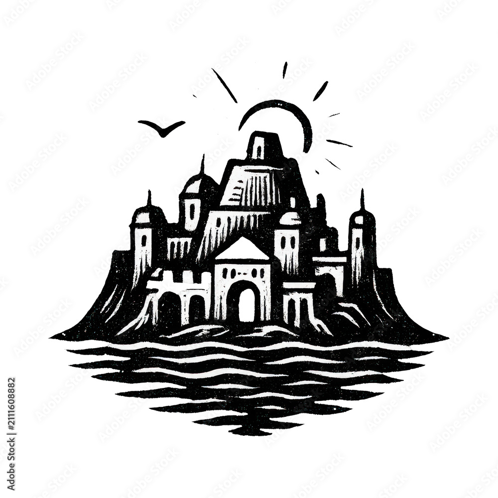 Obraz premium PNG Monochrome coastal cityscape illustration.
