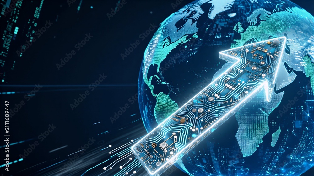 Naklejka premium Global tech growth symbolized by circuit arrow soaring over digital Earth.