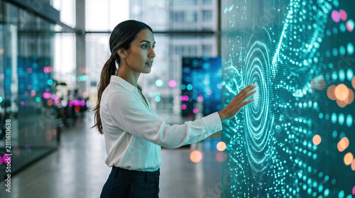 Woman Touching Interactive Data Wall