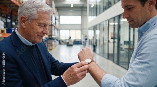 Father gifting heirloom wristwatch to adult son at work