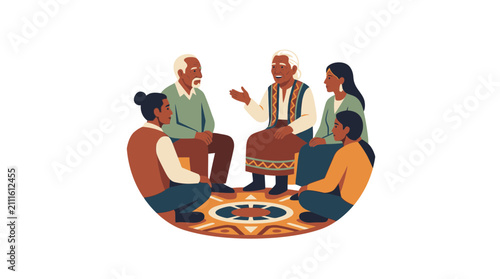 Diverse community gathering, elders sharing wisdom in circle, cultural tradition, storytelling, unity, connection