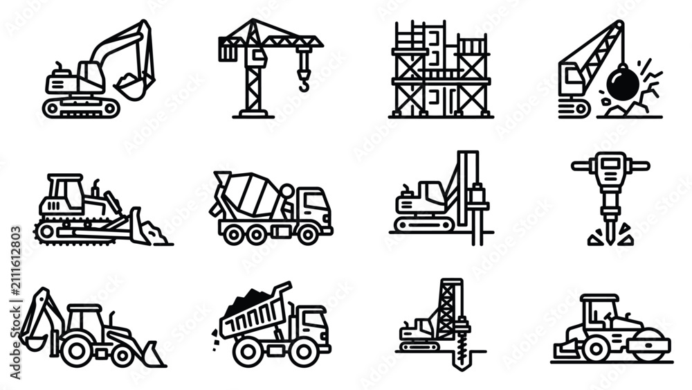 Obraz premium Heavy construction machinery and building equipment icon set, excavator crane bulldozer concrete mixer, for industrial site development, bold line style , stock vector
