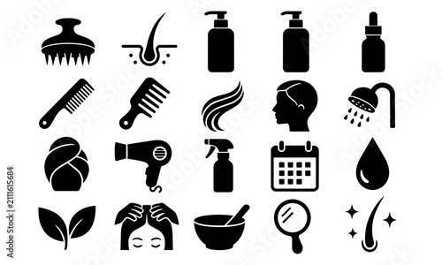 Hair Care and Salon Service Black Glyph Icon Set