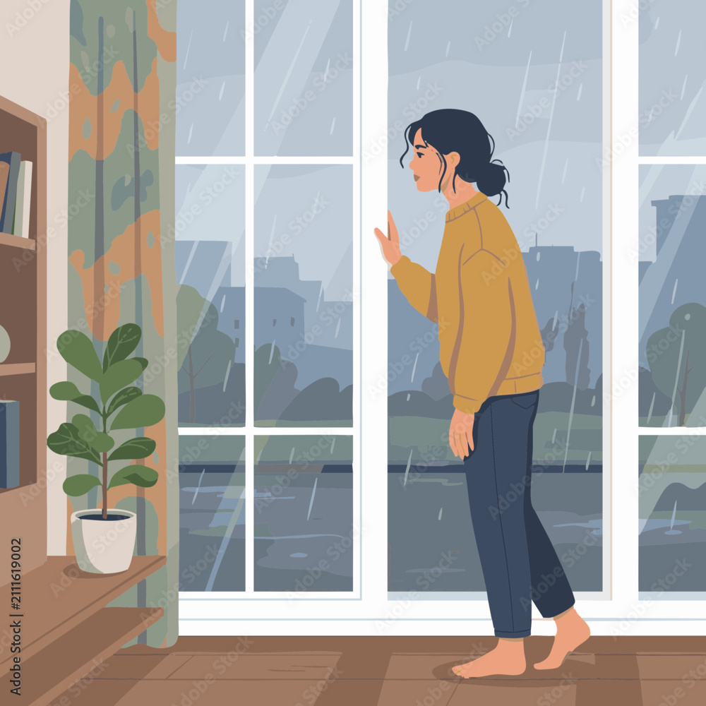 Fototapeta premium Person checking weather while standing barefoot by the window during rainy day