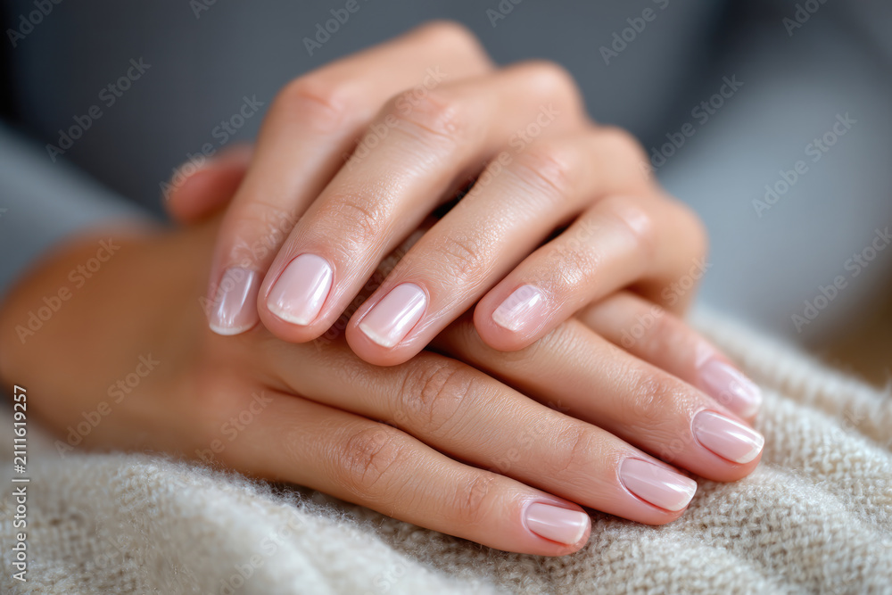 Fototapeta premium Close up of female hands with natural manicure, soft skin, gentle touch, healthy nails, and elegant fingers on cozy fabric