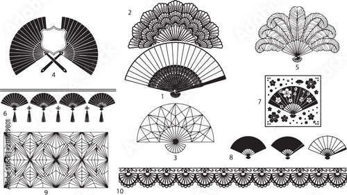 Collection of decorative folding hand fans and ornate fan patterns featuring floral motifs and intricate geometric lattice