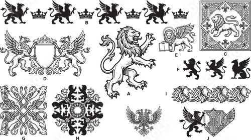 Collection of heraldic lion and griffin featuring mythical creatures, royal crowns, shields, and ornate geometric patterns