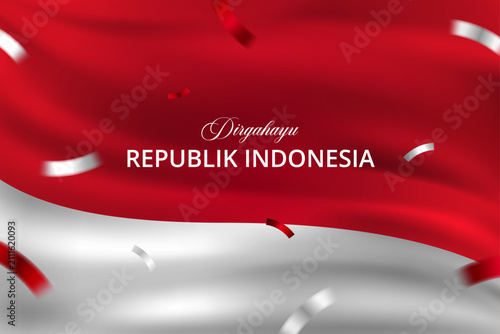Realistic Waving Indonesian Flag Background Banner with Confetti for Dirgahayu Republik Indonesia Independence Day Celebration