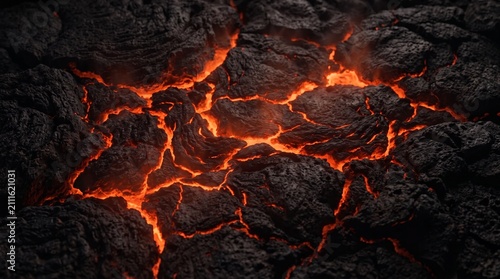 Foto Molten Volcanic Lava Flowing Through Dark Cracked Earth Texture