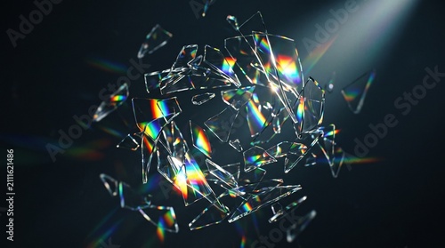 Konstfotografi Abstract 3D rendering of shattered glass pieces floating with colorful prism lig
