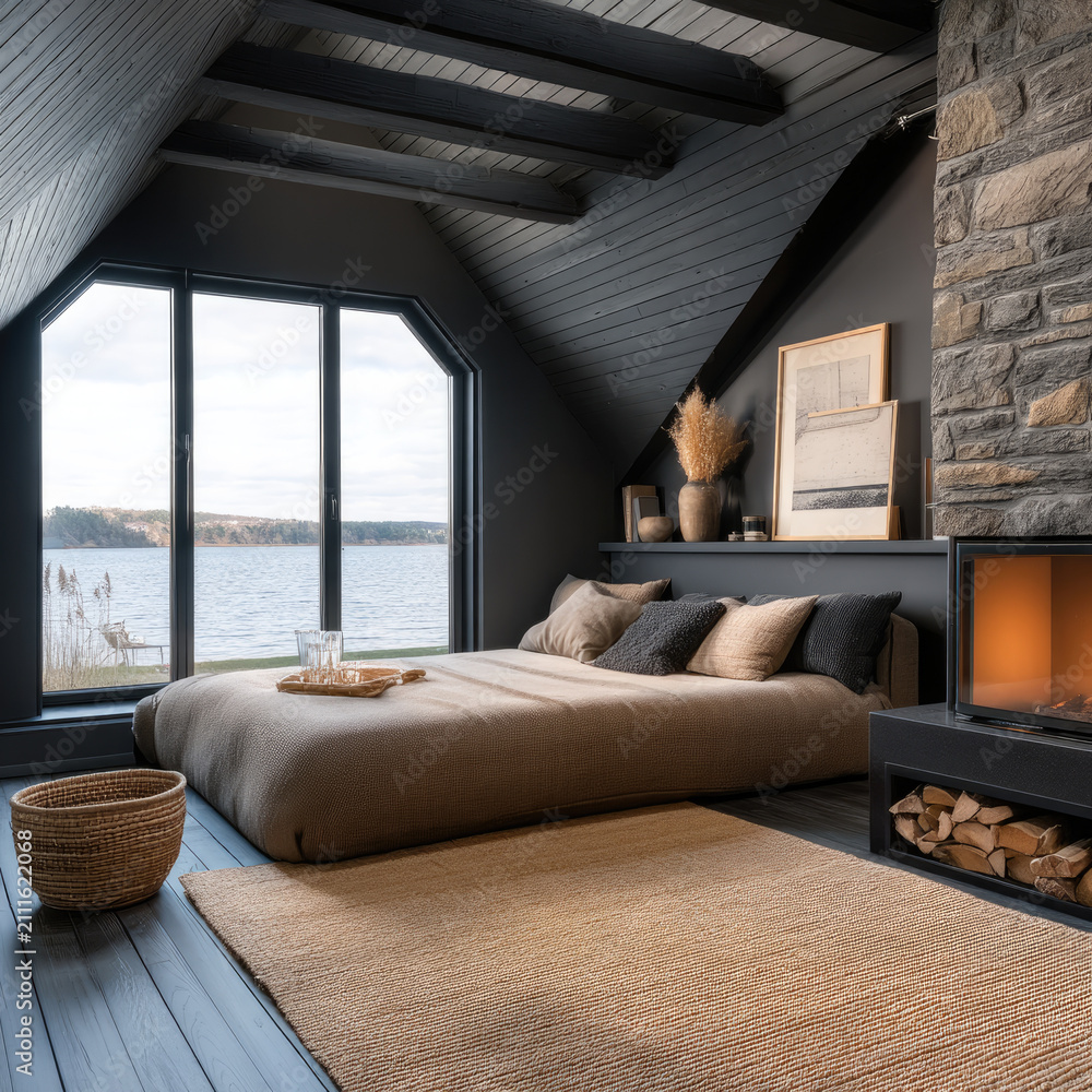 Obraz premium Cozy luxurious bedroom with lake view, modern rustic decor, stone fireplace, large window, soft bedding, warm lighting, serene atmosphere