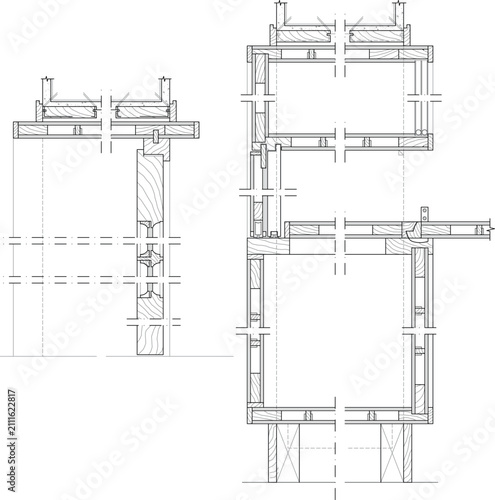 Принти на полотні Technical CAD drawing of timber framing details showing plan and elevation views of complex wood joinery connections, beam intersections, and structural posts with grain hatching