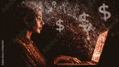 Person working on laptop, dollar signs overlay