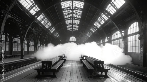 A historic train station interior with benches, smoke, and architectural details