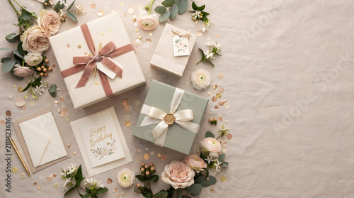 Elegant birthday gift boxes with pink ribbon, greeting card, roses and eucalyptus flat lay on beige background with copy space
