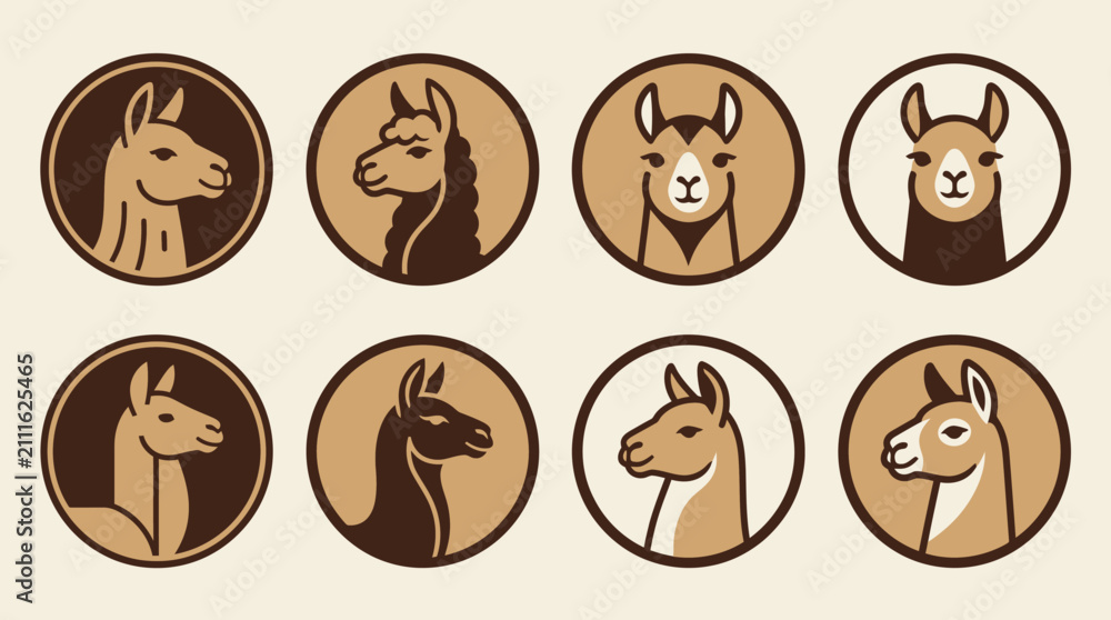 Fototapeta premium Cute Llama Icons Set: Diverse Cartoon Portraits in Circles for Branding and Design