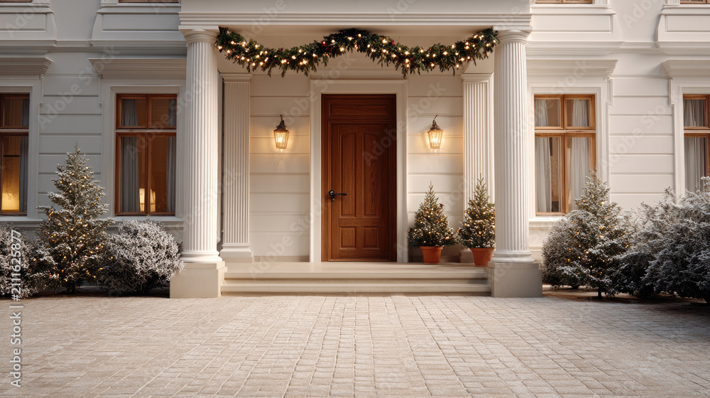 Fototapeta premium Elegant home entrance with wooden door, festive garland, potted plants, snow covered trees, and warm lighting create welcoming winter atmosphere