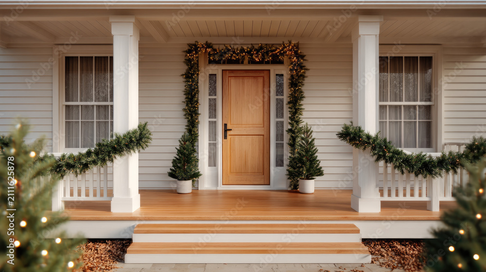 Fototapeta premium Cozy home entrance with wooden door, white porch, holiday garland, potted evergreen, festive decoration, winter, inviting atmosphere
