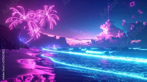 Neon-lit beach scene with glowing palm trees, waves, and a starry night