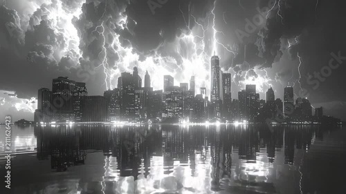 Dramatic cityscape during a thunderstorm, illuminated by lightning and reflected